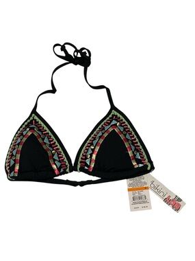 The Bikini Lab Black Triangle Bikini Top with Pink and Green Embroidery